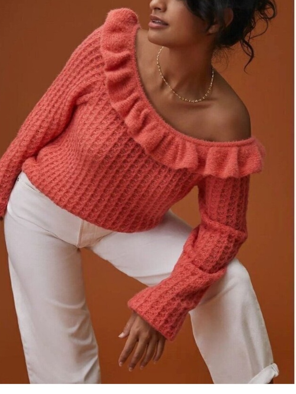 Anthropologie Ruffle-Neck Waffle-Knit Sweater in a coral pink wool blend size S
